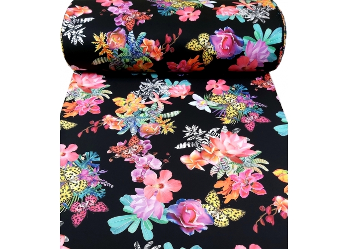 Tkanina BARBI MARCHIANO -  kolorowe kwiaty i motyle  250g/m²/145cm